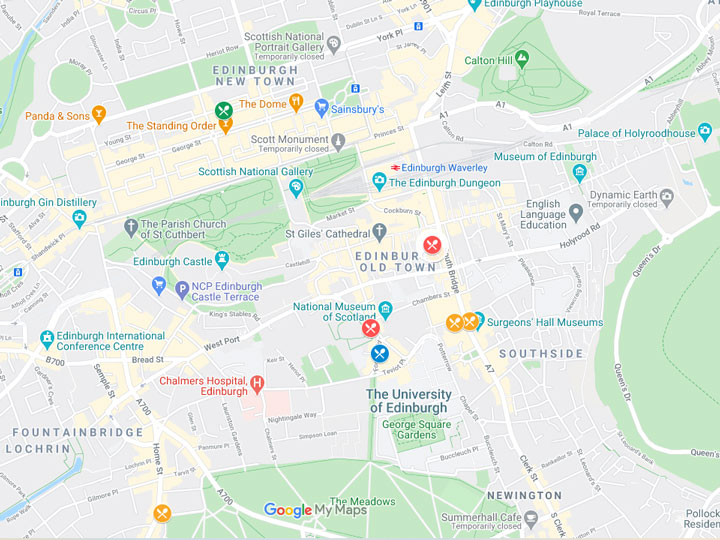 Google Maps snapshot of where to eat in Edinburgh map